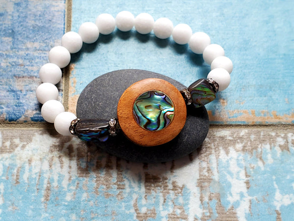 Bracelet En Abalone Naturelle Extensible - Largeur 18mm, Reflets Gris Argentés, Fait Main France