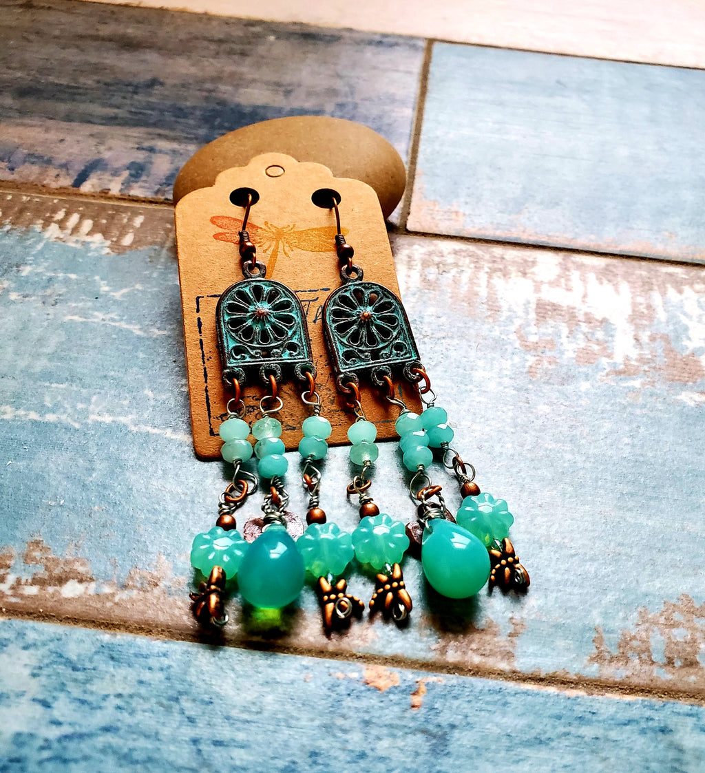 Gorgeous Aqua Glass and Copper Earrings