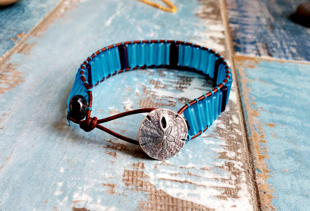 Blue Sea Glass Wrap Bracelet, Boho Jewelry