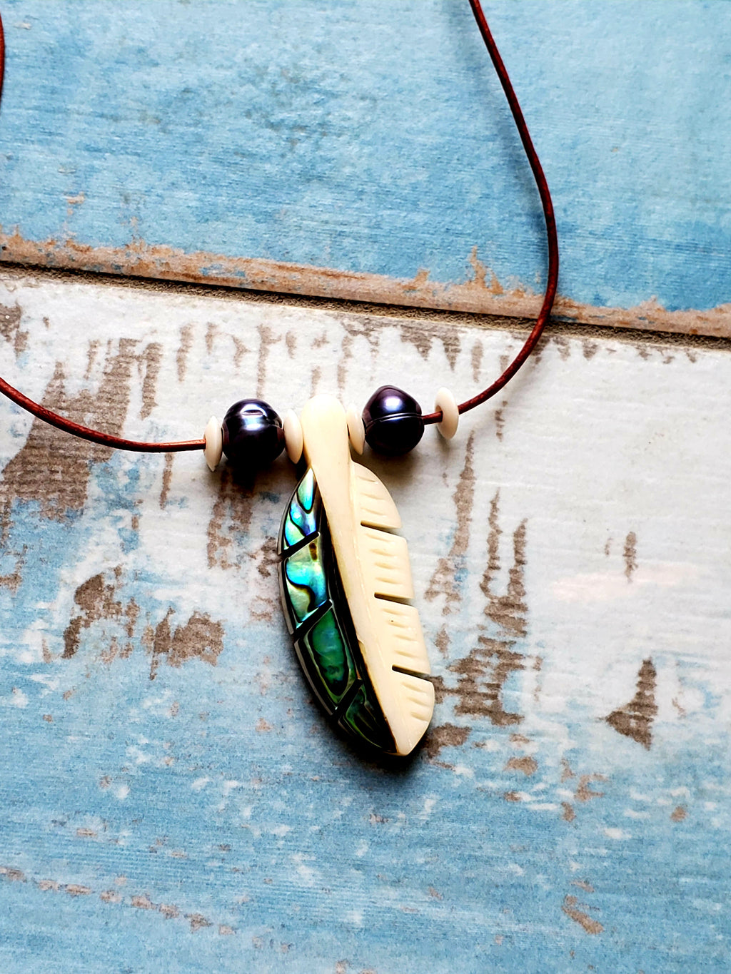 Bone and Abalone Feather Necklace