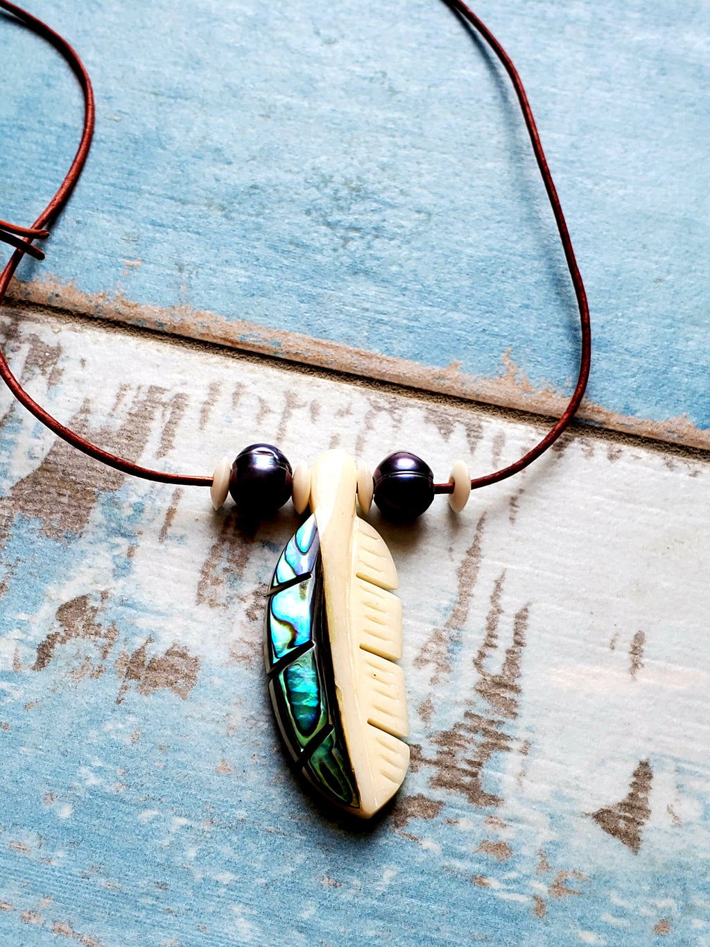 Bone and Abalone Feather Necklace