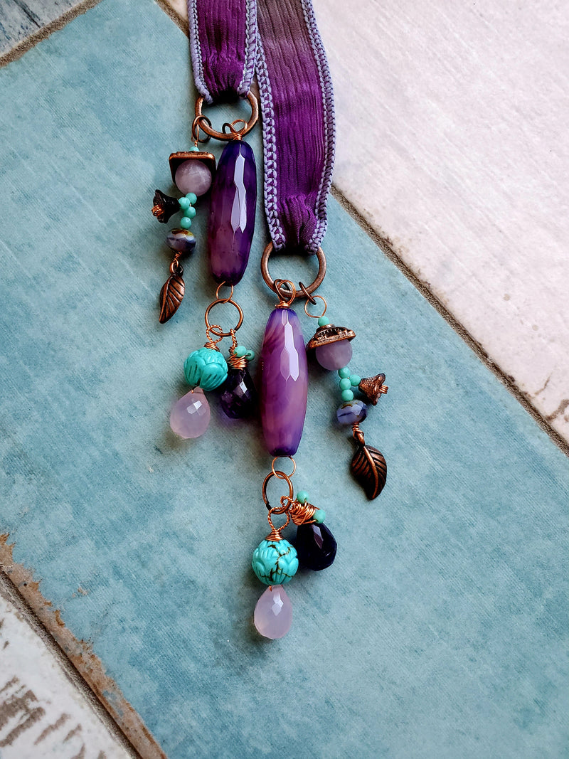 Unique Amethyst and Turquoise Silk Necklace, Flapper Style Sparkle