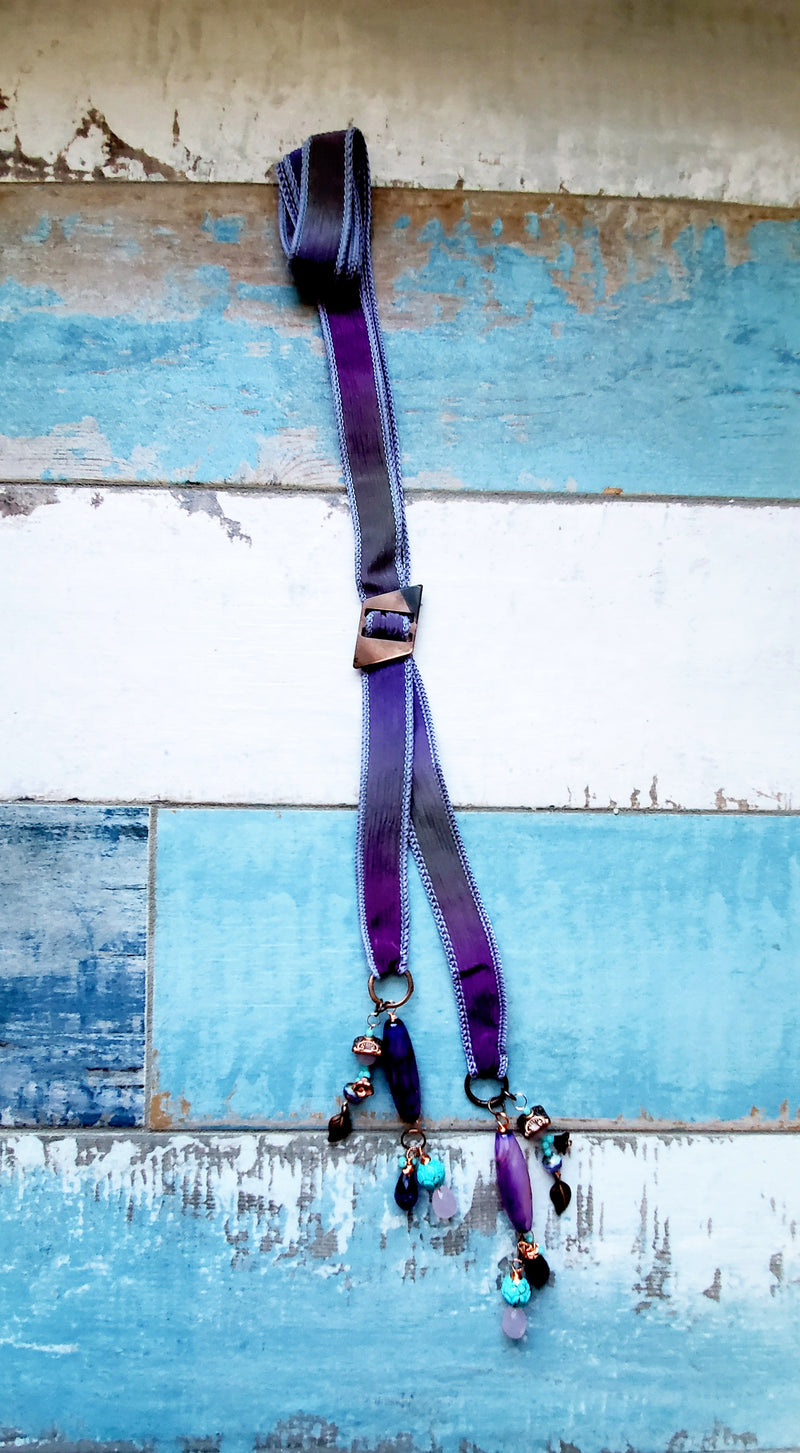 Unique Amethyst and Turquoise Silk Necklace, Flapper Style Sparkle