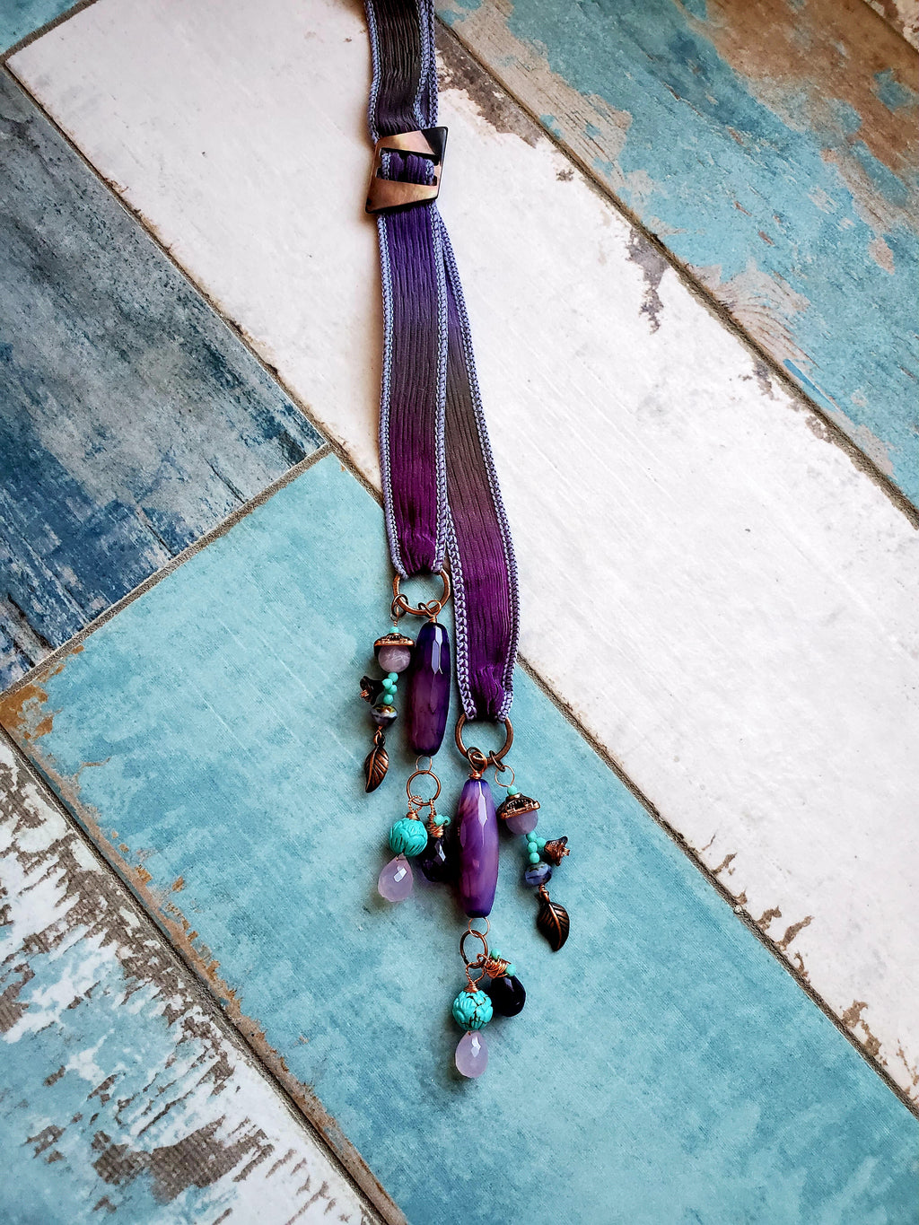 Unique Amethyst and Turquoise Silk Necklace, Flapper Style Sparkle