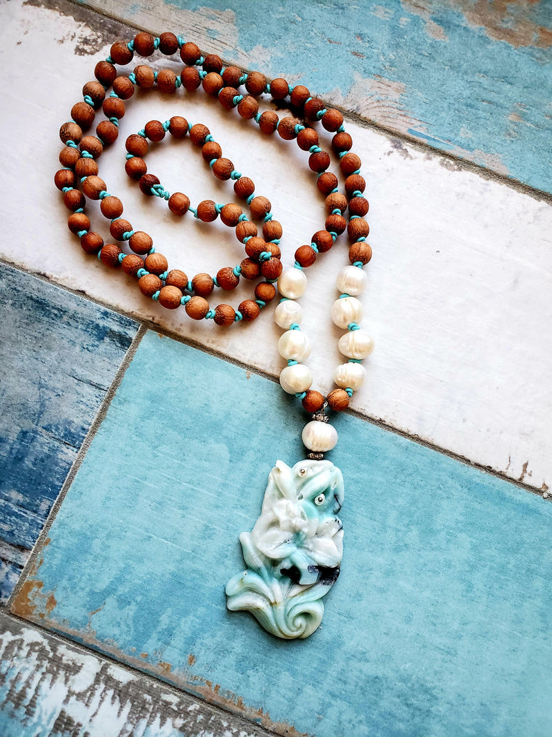 Carved Amazonite Boho Necklace, Long Bohemian Necklace for Her, Boho Sparkle