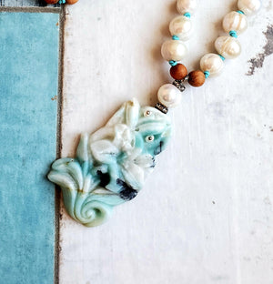 Carved Amazonite Boho Necklace, Long Bohemian Necklace for Her, Boho Sparkle