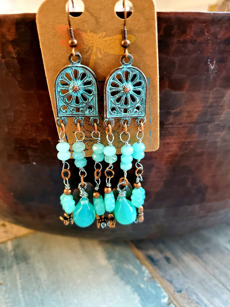 Gorgeous Aqua Glass and Copper Earrings
